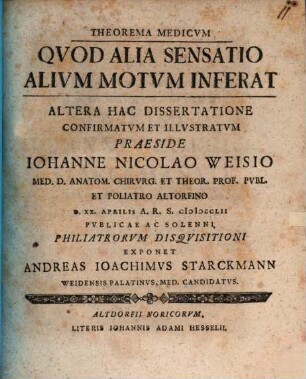 Iohannis Nicolai Weisii Med. D. Et P. P. In Acad. Altorf. Tetras Dissertationvm Medicarvm Qvibvs Theorema Medicvm Alia Sensatio Alii Motvs Adstrvitvr Applicatvr Limitatvr, 2. Theorema Medicvm Qvod Alia Sensatio Alivm Motvm Inferat : ... Confirmatvm Et Illvstratvm