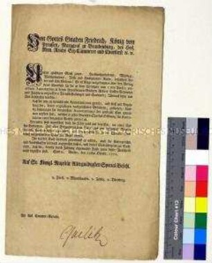 Mandat von Friedrich II. König von Preußen zur Regelung der Gerichtsgebühren beim Kammergericht