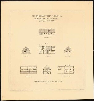 Ostdeutsches Forstamt Schinkelwettbewerb 1944: Forstarbeiter- und Kutscherhaus. Grundrisse, Ansichten, Schnitt 1:200