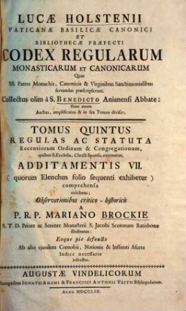 Lucae Holstenii Vaticanae Basilicae Canonici Et Bibliothecae Praefecti Codex Regularum Monasticarum Et Canonicarum Quas SS. Patres Monachis, Canonicis & Virginibus Sanctimonialibus servandas praescripserunt, 5