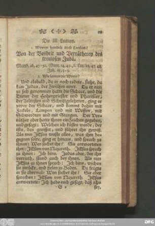 Die III Lection. Von der Bosheit und Verrätherey des treulosen Judä.