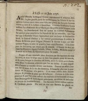 A Lissa ce 22 Juin 1757 : Après la Bataille de Prague l'Armée autrichienne se trouvoir divisée ...