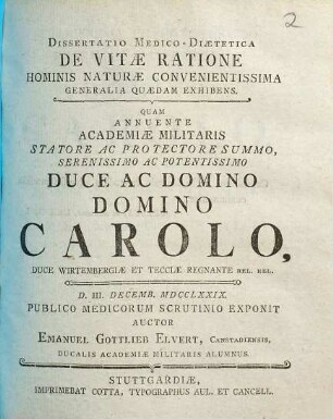 Dissertatio Medico-Diaetetica De Vitae Ratione Hominis Naturae Convenientissima Generalia Quaedam Exhibens