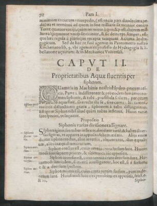 Caput II. De Proprietatibus Aquae fluentis per siphones.