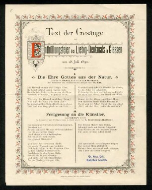 Texte der Gesänge zur Enthüllungsfeier des Liebig-Denkmals in Giessen am 28. Juli 1890