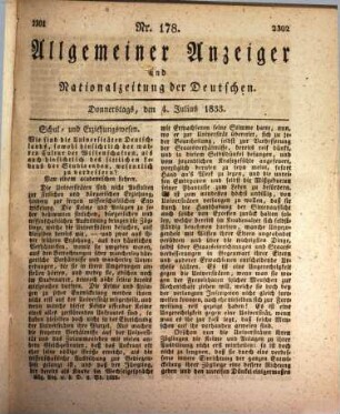 Allgemeiner Anzeiger und Nationalzeitung der Deutschen : der öffentlichen Unterhaltung über gemeinnützige Gegenstände aller Art gewidmet, zugleich allgemeines deutsches Intelligenzblatt zum Behuf der Rechtspflege, der Polizei, des Handels und der Gewerbe, so wie des bürgerlichen Verkehrs überhaupt. 1833, 2