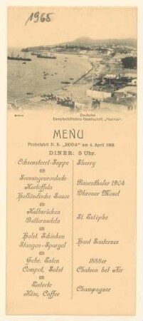 Menükarte : Deutsche Dampfschifffahrts-Gesellschaft "Kosmos" Probefahrt D.S. "Roda", D.S. "Roda"