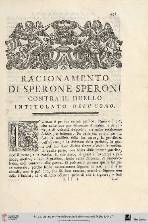 Ragionamento di Spreone Speroni contra il Duello intitolato Dell´Uomo