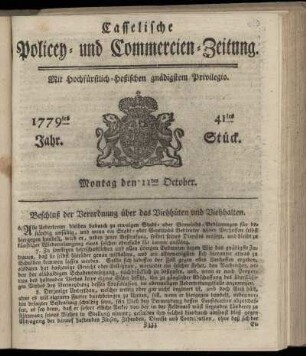 41tes Stueck, Montag den 11ten October. 1779