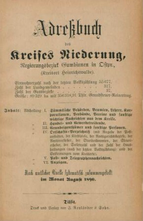 Adreßbuch des Kreises Niederung, Regierungsbezirk Gumbinnen in Ostpr., (Kreisort Heinrichswalde)