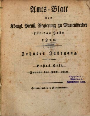 Amtsblatt für den Regierungsbezirk Marienwerder. 10, [2] = No. 26 - 52. 1820