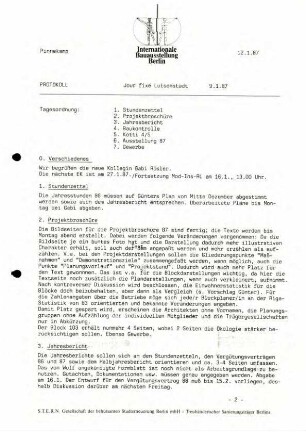 Protokolle: IBA - Jour fixe Luisenstadt, 1987