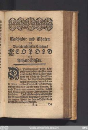 Geschichte und Thaten des Durchlauchtigsten Printzens Leopold von Anhalt-Dessau.
