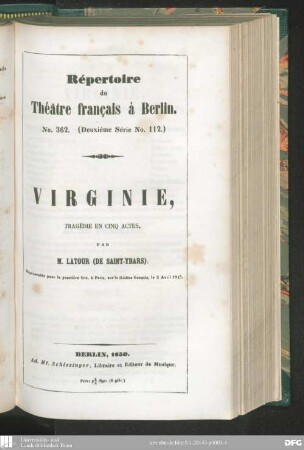 Virginie : tragédie en cinq actes ; représentée pour la première fois, à Paris, sur le théâtre français, le 5 avril 1845