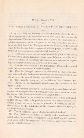 Memorandum of recommendations contained in this report