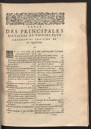 Table des principales matieres et choses plus memorables traitees en ces questions.