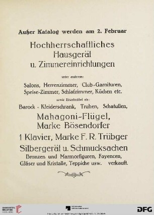 Hochherschafftliches Hausgerät u. Zimmereinrichtungen