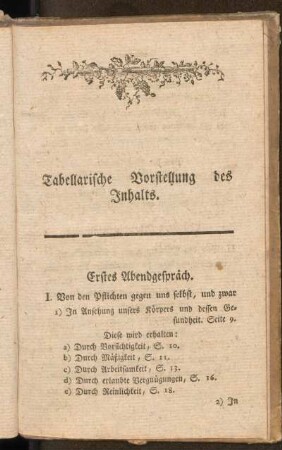 Tabellarische Vorstellung des Inhalts