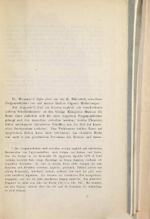 [Rede über zwei von der königlichen Bibliothek erworbene Pergamentblätter]
