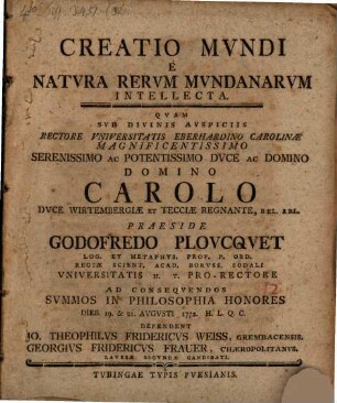 Creatio mundi e natura rerum mundanarum intellecta