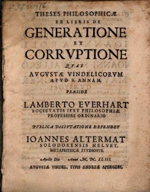 Theses Philosophicae Ex Libris De Generatione Et Corrvptione
