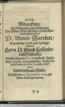 XXVIII. Abdanckung, ... Fr. Annen Marthen, deß ... Herrn D. Enoch Heilands... Witbe