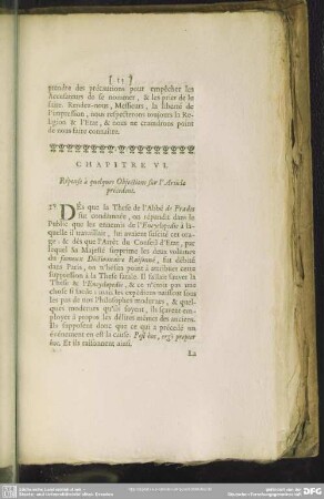 Chapitre VI. Résponse à quelques Objections sur l' Article précedent