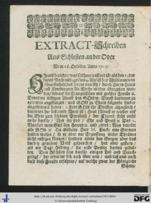 Extract-Schreiben Aus Schlesien an der Oder Vom 16. October Anno 1707.
