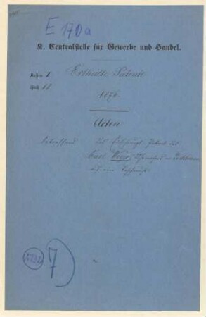 Patent des Carl Weger, Uhrmacher in Lichtenau, auf eine Taschenuhr