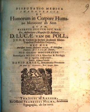 Disp. med. inaug. de humorum in corpore humano mutatione ab aëre