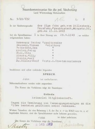 John, Olga, geb. Billerbeck, von