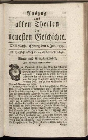 XXII. Nachl. Coburg, den 1. Jun. 1757.
