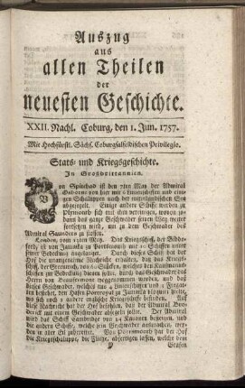 XXII. Nachl. Coburg, den 1. Jun. 1757.