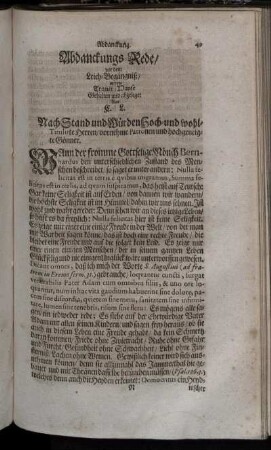 Abdanckungs-Rede/ vor dem Leich-Begängniß/ in dem Trauer-Hause Gehalten und abgeleget