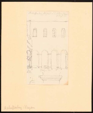 Stiftskirche St. Peter und Alexander, Aschaffenburg: Perspektivische Teilansicht romanischer Kreuzgang mit Pfeilern, 2 Details Sims- und Sockelprofil. (Aus Skizzenbuch)