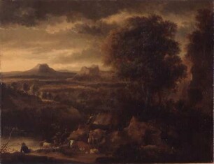 Südliche Landschaft mit Hirten, Herde und Jagdszene