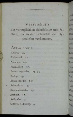 Verzeichniss der vorzüglichsten Schriftsteller und Sachen, die in der Geschichte der Hypothesen vorkommen.
