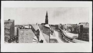 Radierung des Künstlers Erhard Groß, Titel: Panorama Berlin 36, Skalitzer Straße 99, Osten, Ed. 5/30, 1985