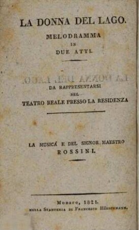 La donna del lago : melodramma in due atti = Das Mädchen am See : Melodram in zwey Akten