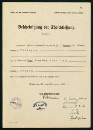 Bescheinigung der Eheschließung
