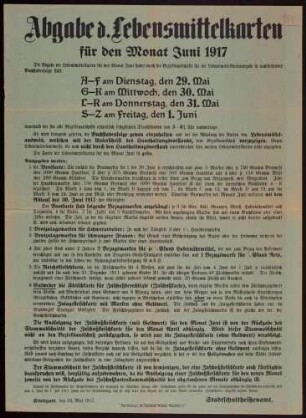 "Abgabe der Lebensmittelkarten für den Monat Juni 1917" durch die Bezirksausschüsse in Stuttgart