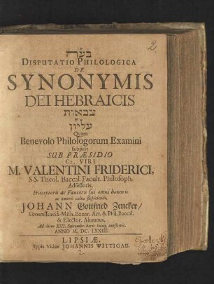 Disputatio Philologica De Synonymis Dei Hebraicis [...] & [...]