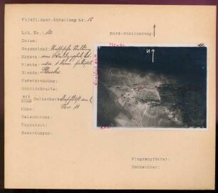 Foto einer russischen Stellung am Waldzipfel, etwa einen Kilometer südöstlich von Plewki (Luftbild)