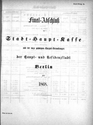 1869,5: Final-Abschluß der Stadt-Haupt-Kasse und der dazu gehörigen Spezial-Verwaltungen der Haupt- und Residenzstadt Berlin pro 1868