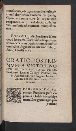 Oratio postremum a Victorino Strigelio ...
