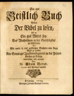 Ein gut Geistlich Buch Neben Der Bibel zu lesen ...