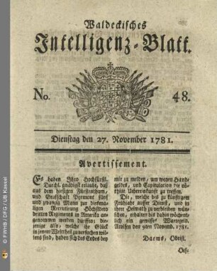 No. 48, Dienstag den 27. November 1781