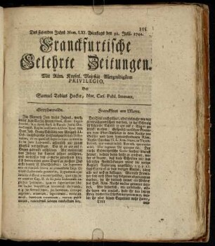 Num. LXI. Dienstags den 31. Julii. 1742 - Num. LXX. Freytags den 31. Aug. 1742