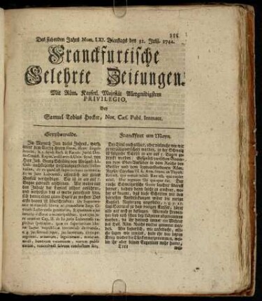 Num. LXI. Dienstags den 31. Julii. 1742 - Num. LXX. Freytags den 31. Aug. 1742