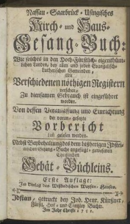 Nassau-Saarbrück-Usingisches Kirch- und Haus-Gesang-Buch: [...]